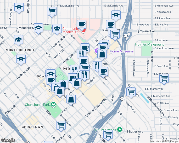map of restaurants, bars, coffee shops, grocery stores, and more near 2500 Tulare Street in Fresno