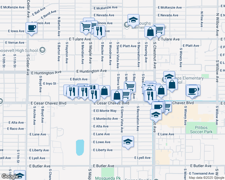 map of restaurants, bars, coffee shops, grocery stores, and more near 544 South Sierra Vista Avenue in Fresno