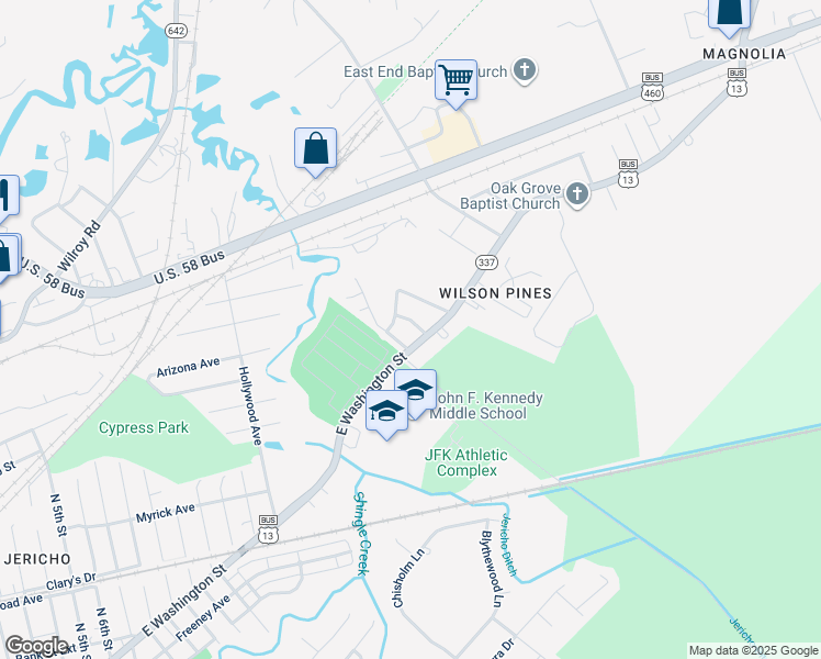 map of restaurants, bars, coffee shops, grocery stores, and more near 109 Marshall Avenue in Suffolk