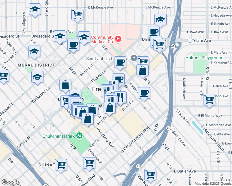 map of restaurants, bars, coffee shops, grocery stores, and more near 2444 Tulare Street in Fresno