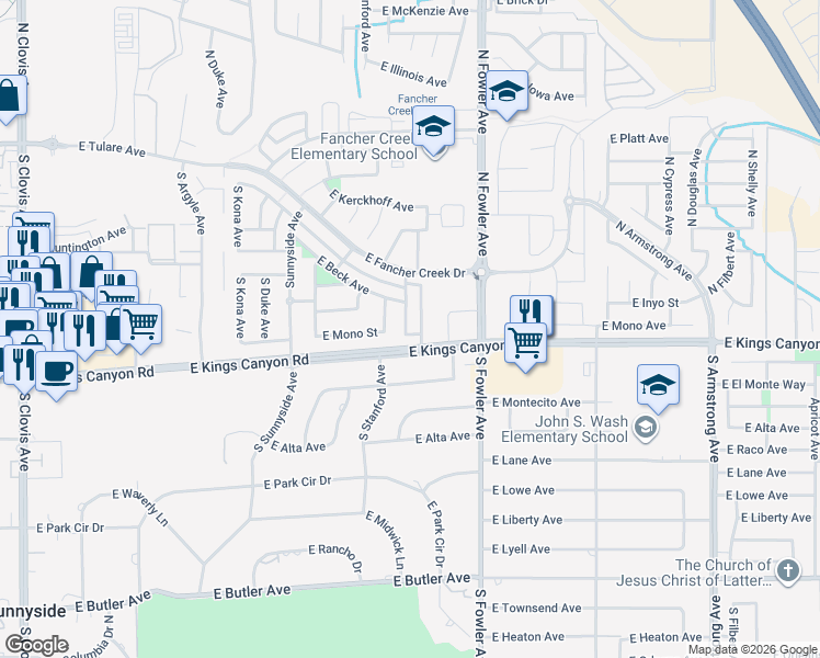 map of restaurants, bars, coffee shops, grocery stores, and more near 623 South Bundy Drive in Fresno