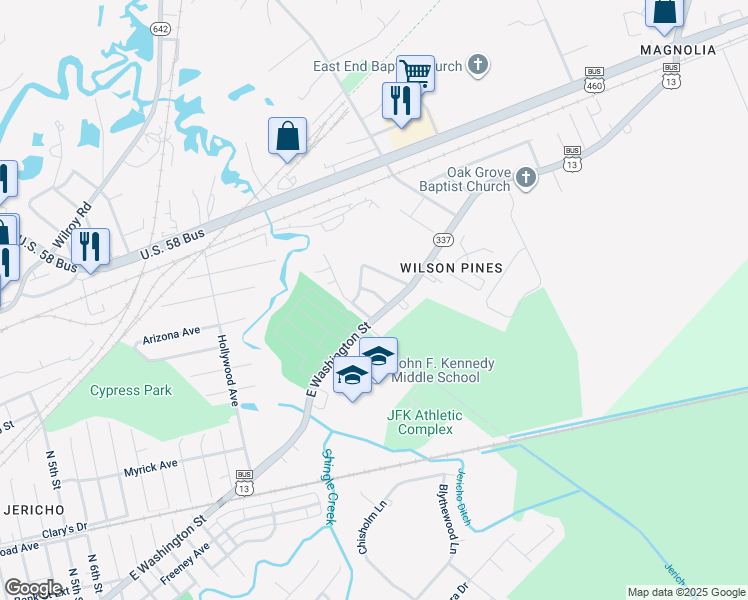 map of restaurants, bars, coffee shops, grocery stores, and more near 109 Marshall Avenue in Suffolk