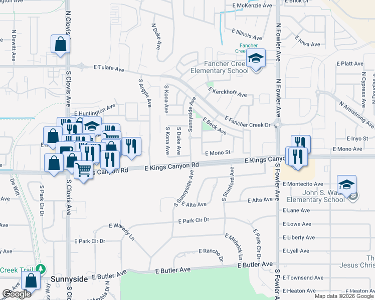 map of restaurants, bars, coffee shops, grocery stores, and more near 592 South Sunnyside Avenue in Fresno