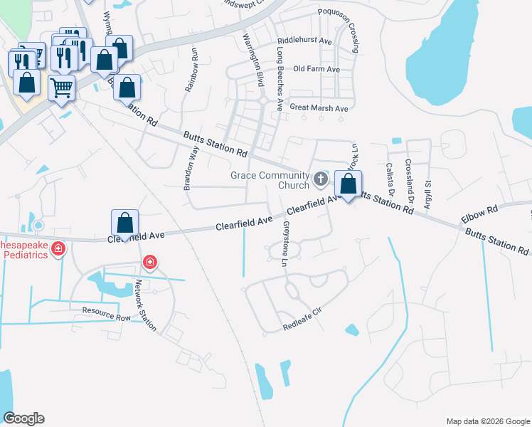 map of restaurants, bars, coffee shops, grocery stores, and more near 403 Brandon Way in Chesapeake