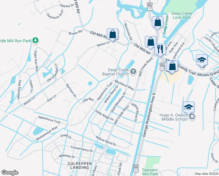 map of restaurants, bars, coffee shops, grocery stores, and more near 307 Appaloosa Trail in Chesapeake