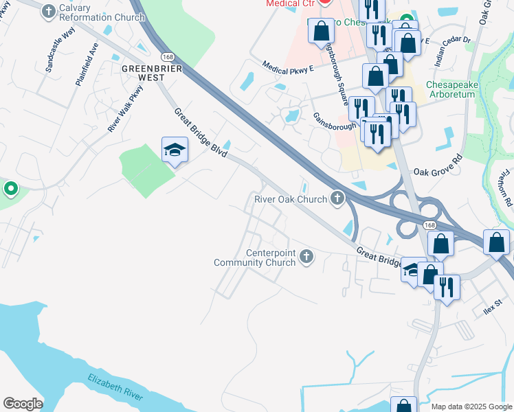 map of restaurants, bars, coffee shops, grocery stores, and more near 405 Preservation Reach in Chesapeake