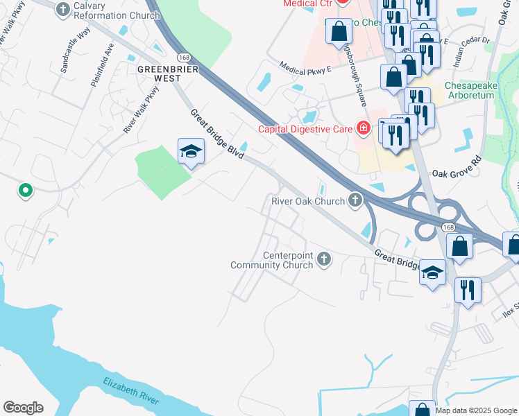 map of restaurants, bars, coffee shops, grocery stores, and more near 404 Conservation Court in Chesapeake