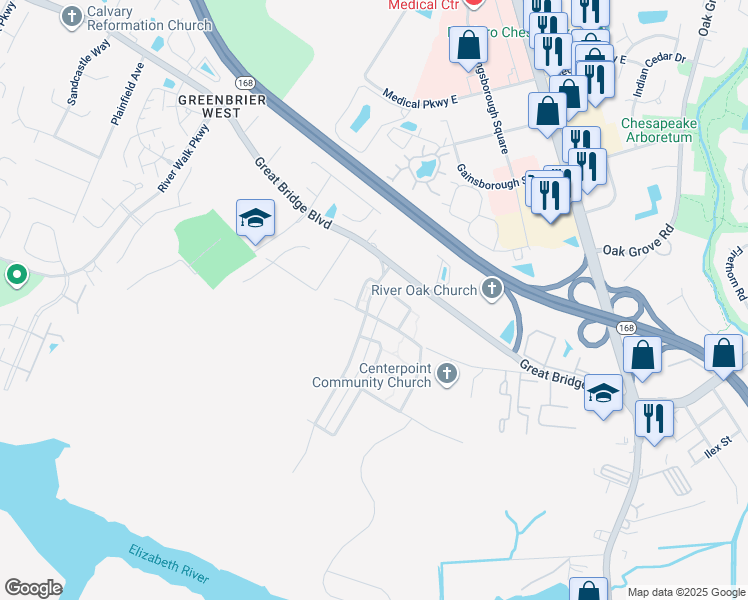 map of restaurants, bars, coffee shops, grocery stores, and more near 405 Preservation Reach in Chesapeake