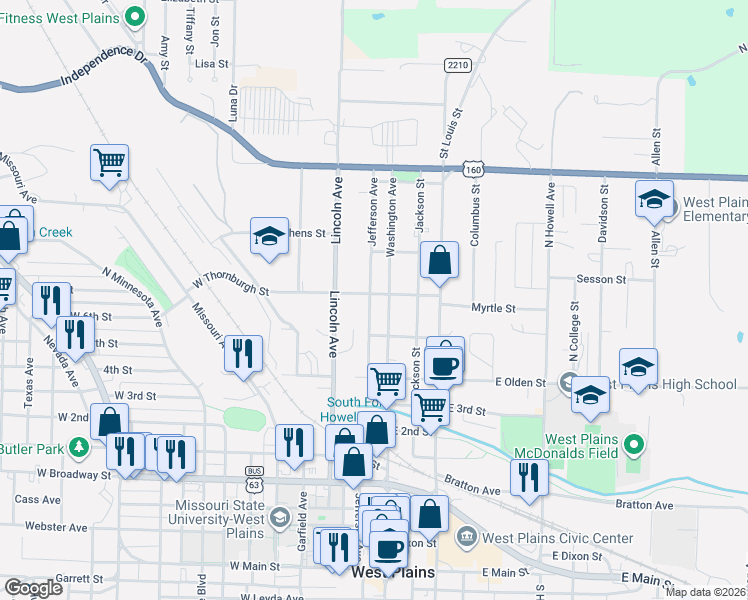 map of restaurants, bars, coffee shops, grocery stores, and more near 1101-1237 Washington Ave in West Plains