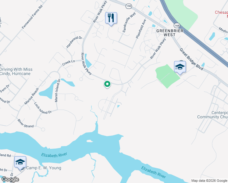 map of restaurants, bars, coffee shops, grocery stores, and more near 340 Esplanade Place in Chesapeake
