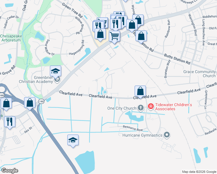 map of restaurants, bars, coffee shops, grocery stores, and more near 322 Holyoke Lane in Chesapeake
