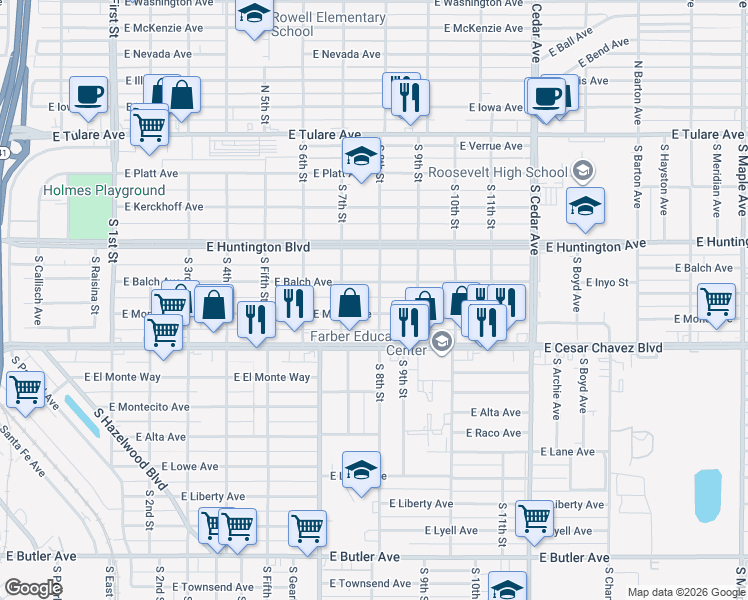 map of restaurants, bars, coffee shops, grocery stores, and more near 3748 East Balch Avenue in Fresno