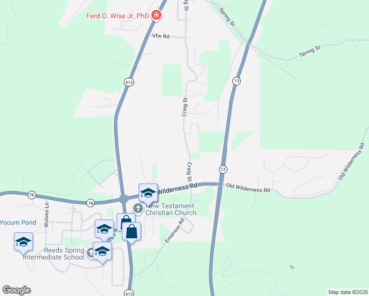 map of restaurants, bars, coffee shops, grocery stores, and more near 235-249 Craig St in Reeds Spring