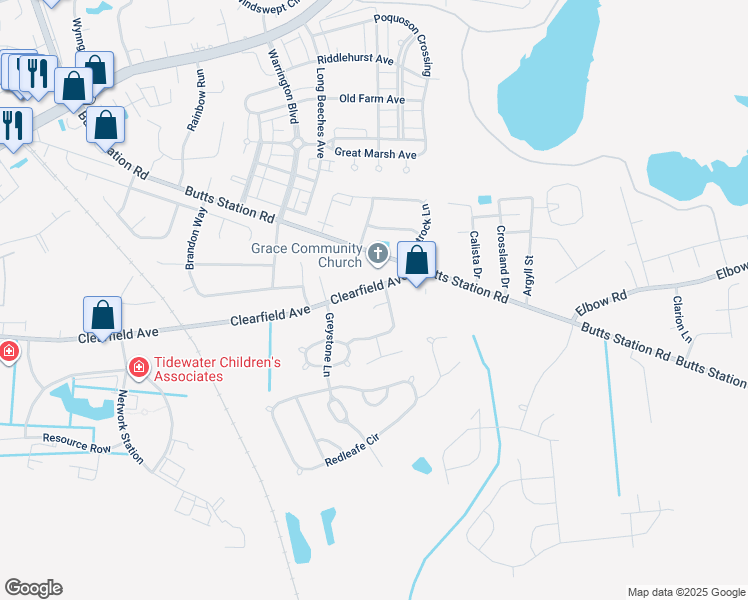 map of restaurants, bars, coffee shops, grocery stores, and more near 806 Knollwood Court in Chesapeake