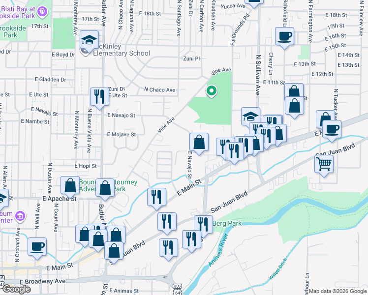 map of restaurants, bars, coffee shops, grocery stores, and more near 1151 East Navajo Street in Farmington