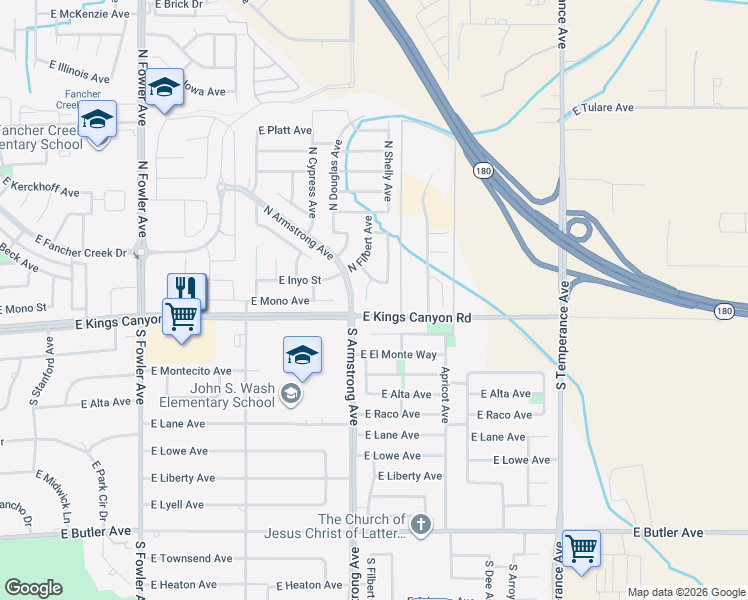map of restaurants, bars, coffee shops, grocery stores, and more near 102 North Shelly Avenue in Fresno