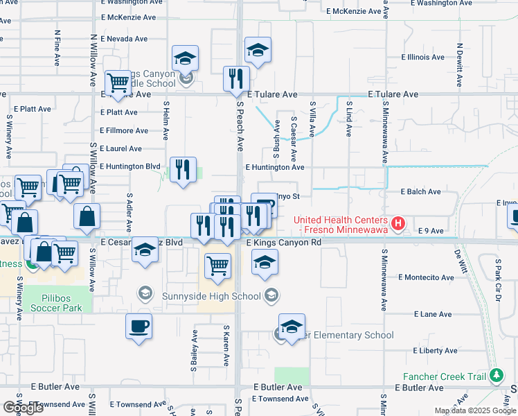 map of restaurants, bars, coffee shops, grocery stores, and more near 5238 East Inyo Street in Fresno
