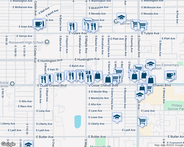 map of restaurants, bars, coffee shops, grocery stores, and more near 4609 East Inyo Street in Fresno