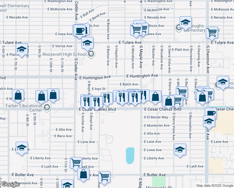 map of restaurants, bars, coffee shops, grocery stores, and more near 4511 East Inyo Street in Fresno