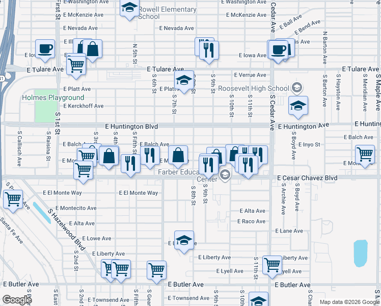 map of restaurants, bars, coffee shops, grocery stores, and more near 3748 East Balch Avenue in Fresno