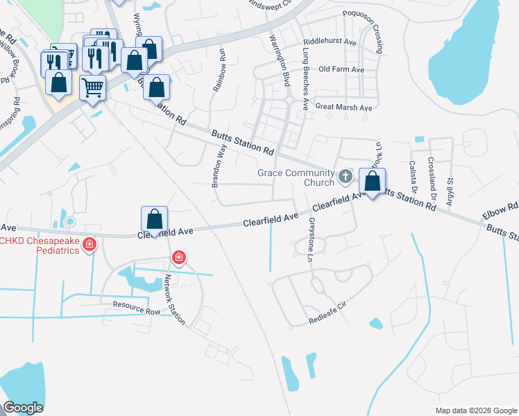 map of restaurants, bars, coffee shops, grocery stores, and more near 411 Brandon Way in Chesapeake