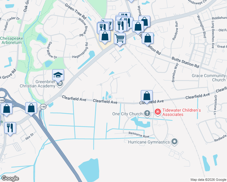 map of restaurants, bars, coffee shops, grocery stores, and more near 322 Holyoke Lane in Chesapeake