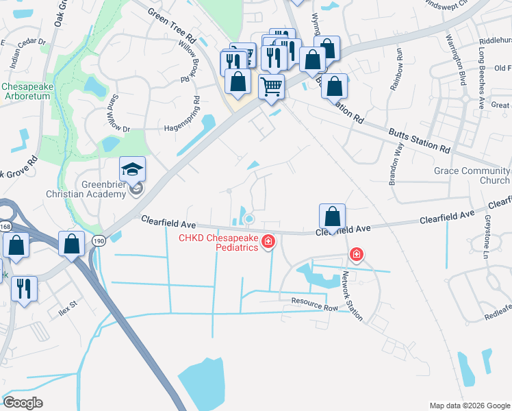 map of restaurants, bars, coffee shops, grocery stores, and more near 322 Holyoke Lane in Chesapeake