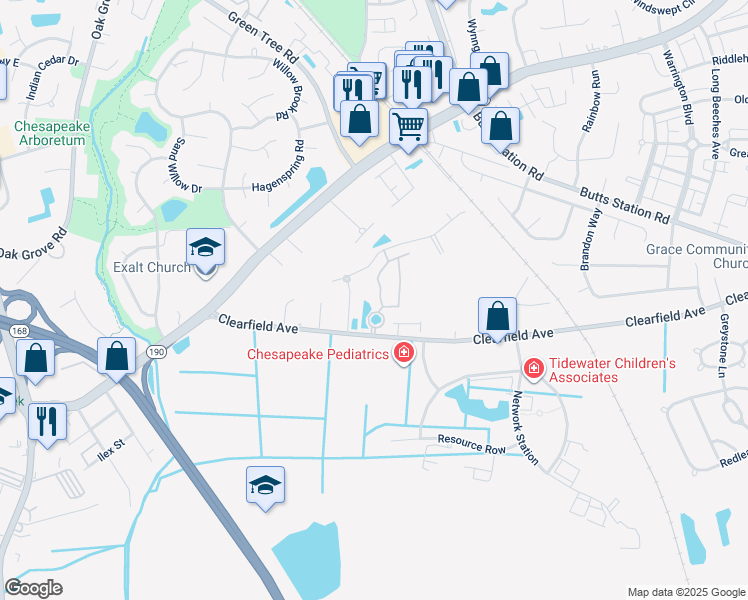 map of restaurants, bars, coffee shops, grocery stores, and more near 302 Holyoke Lane in Chesapeake