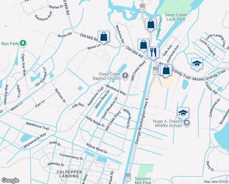 map of restaurants, bars, coffee shops, grocery stores, and more near 3221 Mistletoe Way in Chesapeake