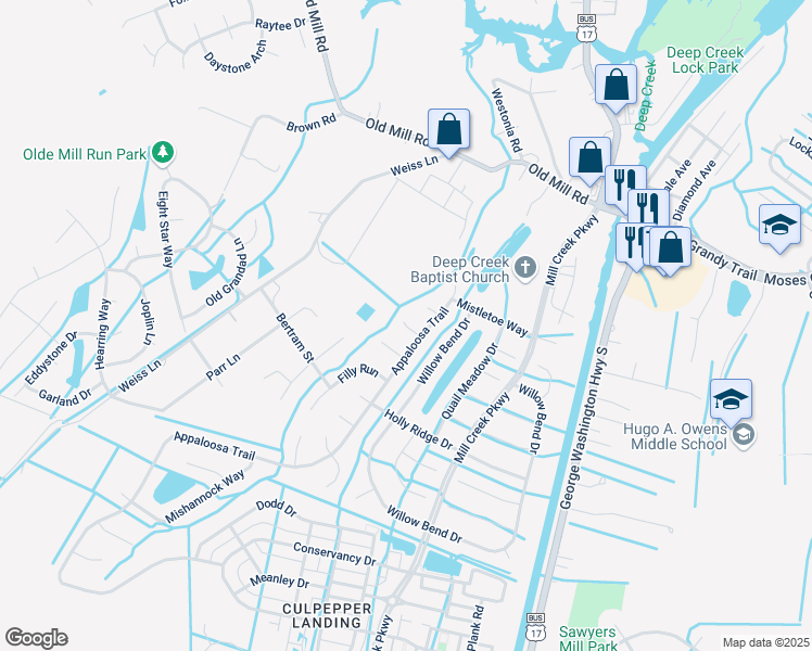 map of restaurants, bars, coffee shops, grocery stores, and more near 3402 Cloud 9 Court in Chesapeake