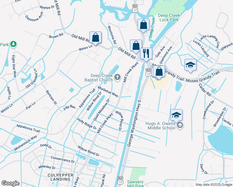 map of restaurants, bars, coffee shops, grocery stores, and more near 3204 Mistletoe Way in Chesapeake