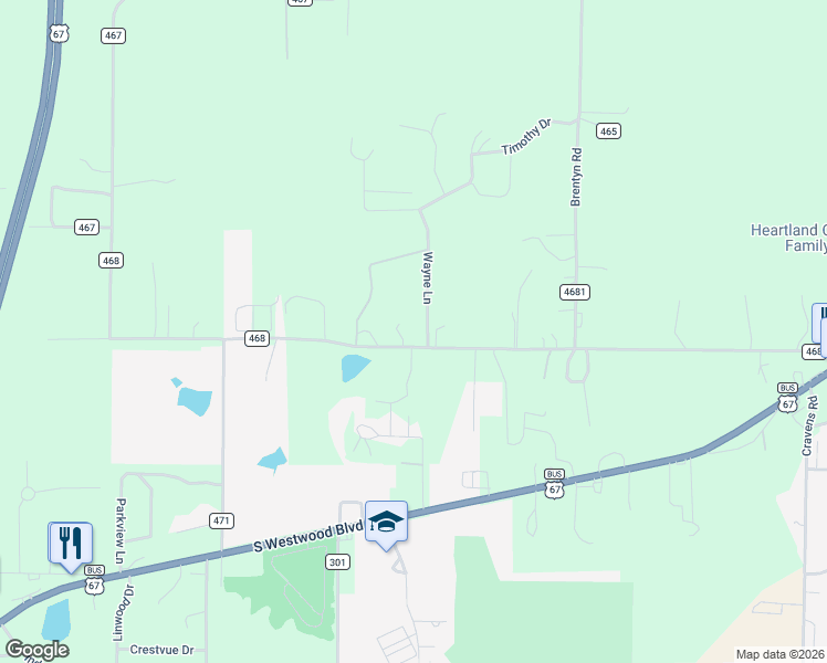 map of restaurants, bars, coffee shops, grocery stores, and more near 985 County Road 468 in Poplar Bluff