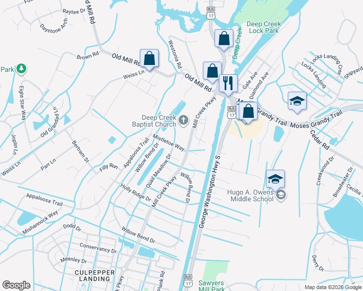 map of restaurants, bars, coffee shops, grocery stores, and more near 3204 Mistletoe Way in Chesapeake