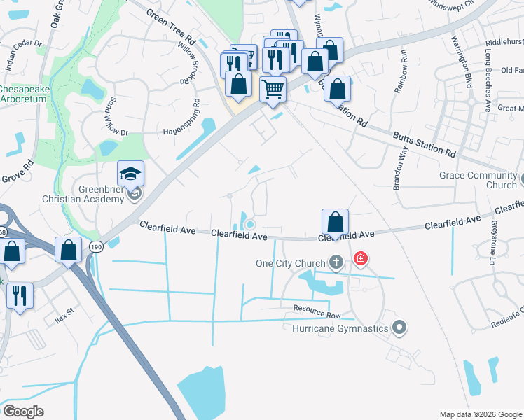 map of restaurants, bars, coffee shops, grocery stores, and more near 532 Hadleybrook Drive in Chesapeake
