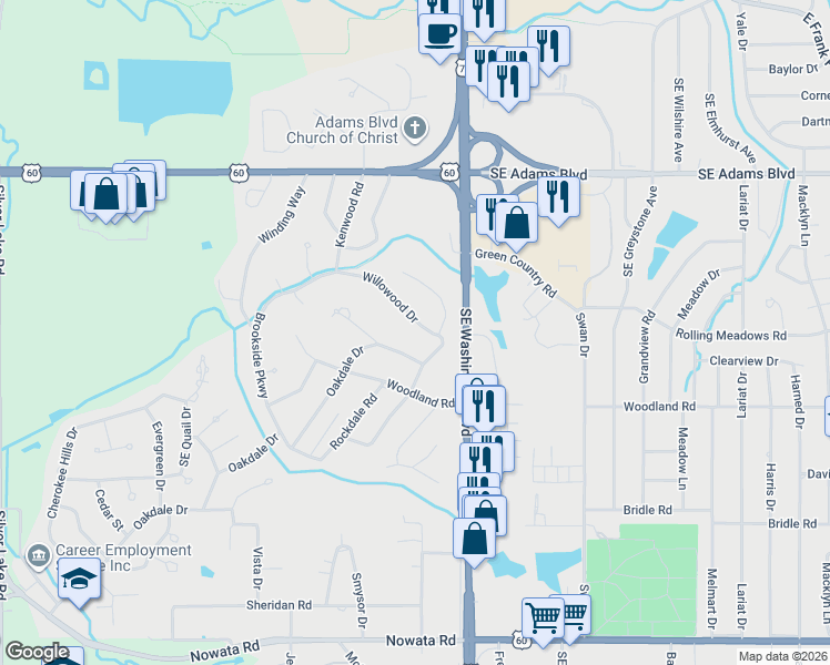 map of restaurants, bars, coffee shops, grocery stores, and more near 3432 Willowood Drive in Bartlesville