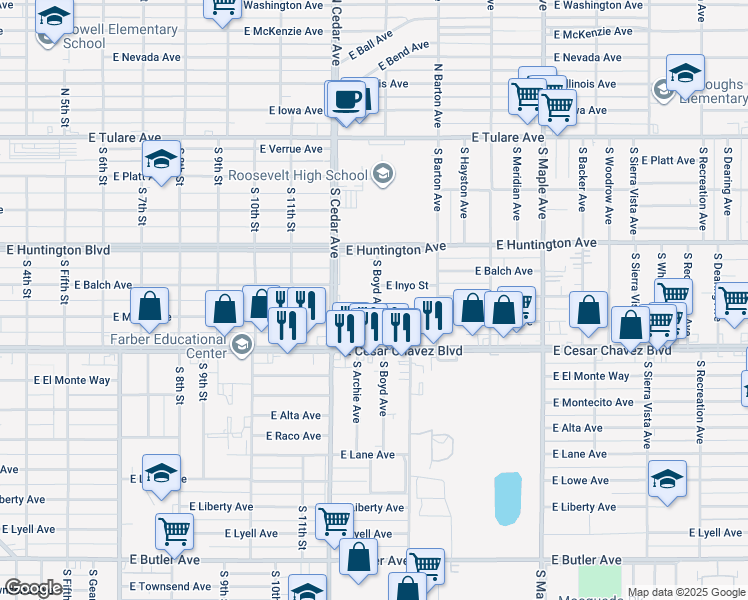 map of restaurants, bars, coffee shops, grocery stores, and more near in Fresno