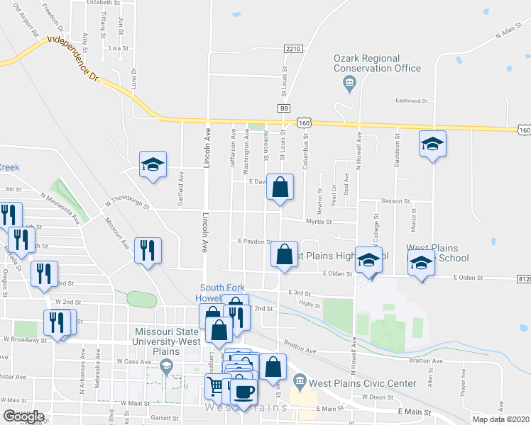map of restaurants, bars, coffee shops, grocery stores, and more near 1098 Jackson Street in West Plains