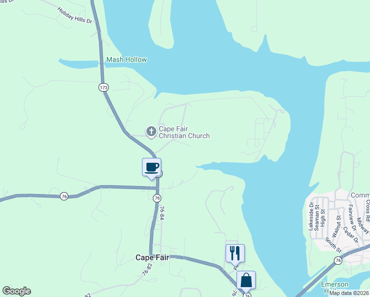 map of restaurants, bars, coffee shops, grocery stores, and more near 119 Daybreak Lane in Reeds Spring