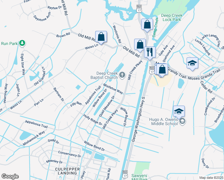 map of restaurants, bars, coffee shops, grocery stores, and more near 3221 Mistletoe Way in Chesapeake