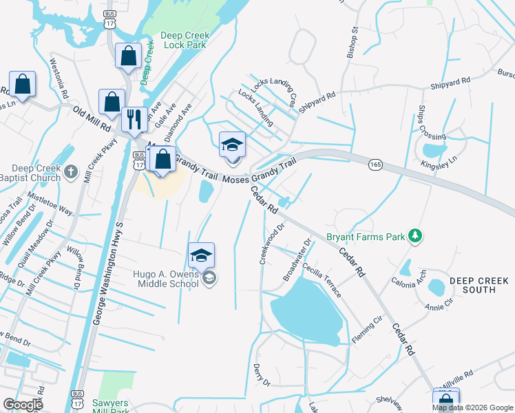 map of restaurants, bars, coffee shops, grocery stores, and more near 2322 Eagle Drive in Chesapeake