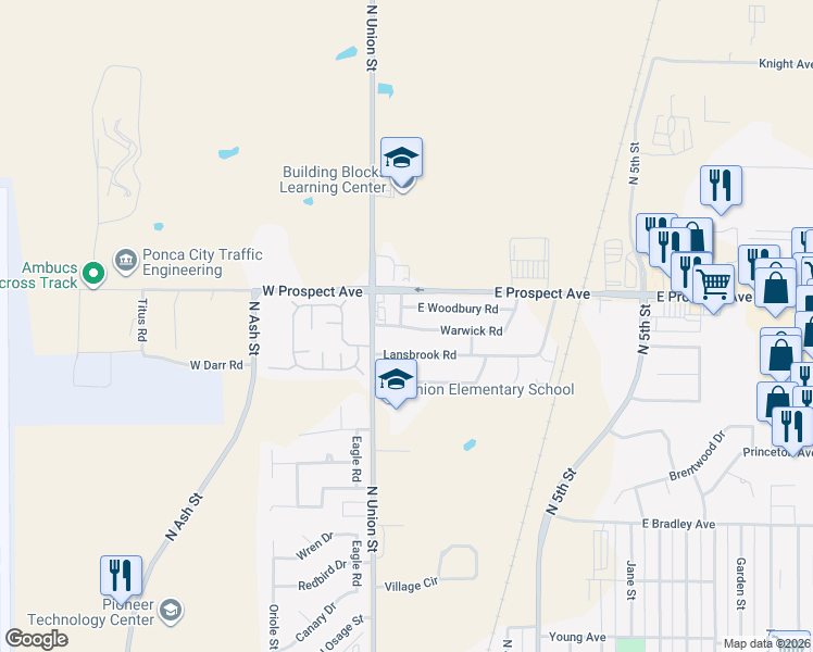 map of restaurants, bars, coffee shops, grocery stores, and more near 2904 Broughton Road in Ponca City