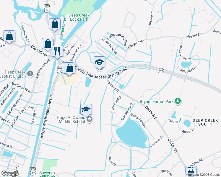 map of restaurants, bars, coffee shops, grocery stores, and more near 2322 Eagle Drive in Chesapeake