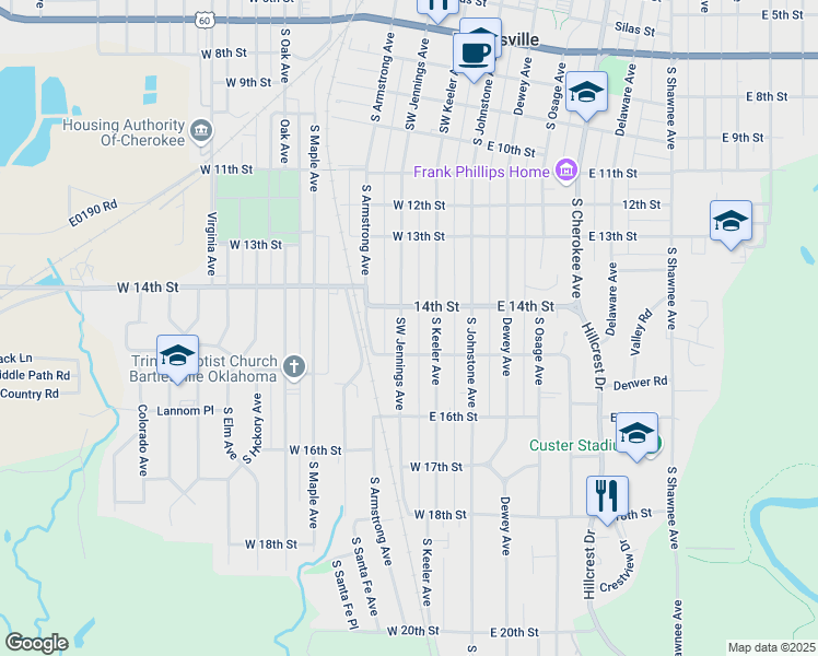 map of restaurants, bars, coffee shops, grocery stores, and more near 1416 Southwest Jennings Avenue in Bartlesville