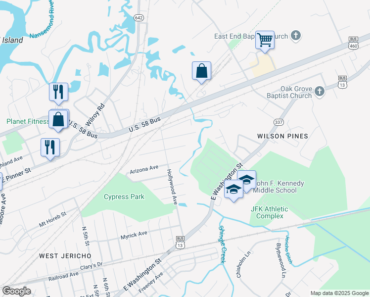 map of restaurants, bars, coffee shops, grocery stores, and more near 2219 Georgia Avenue in Suffolk