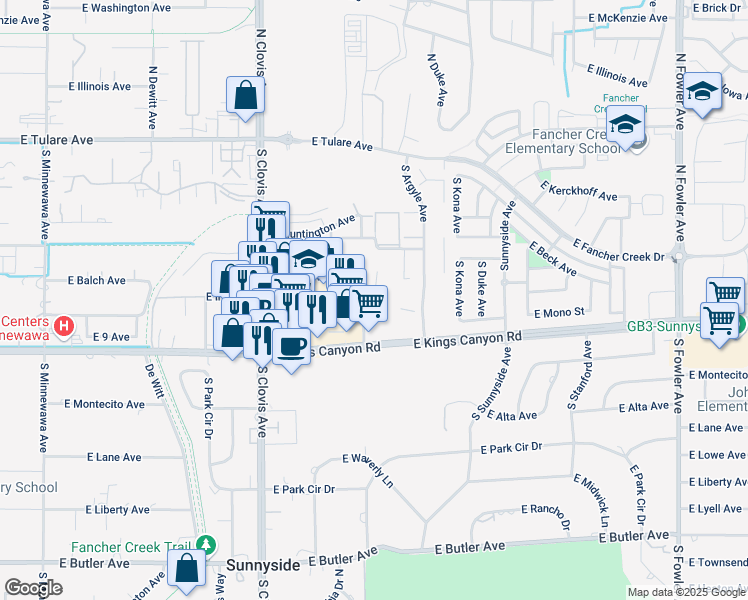 map of restaurants, bars, coffee shops, grocery stores, and more near 539 South Phillip Avenue in Fresno