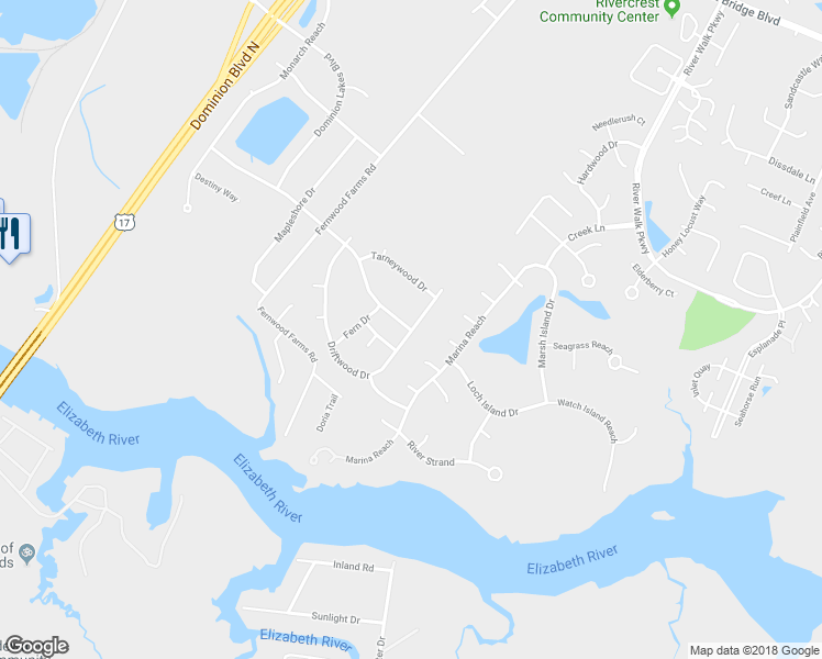 map of restaurants, bars, coffee shops, grocery stores, and more near 1001 Cherrytree Lane in Chesapeake