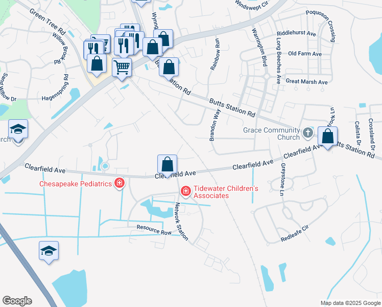 map of restaurants, bars, coffee shops, grocery stores, and more near 608 Marjorie Lane in Chesapeake