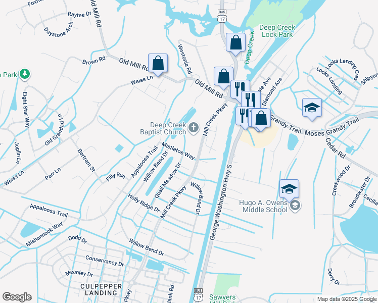 map of restaurants, bars, coffee shops, grocery stores, and more near 3204 Mistletoe Way in Chesapeake