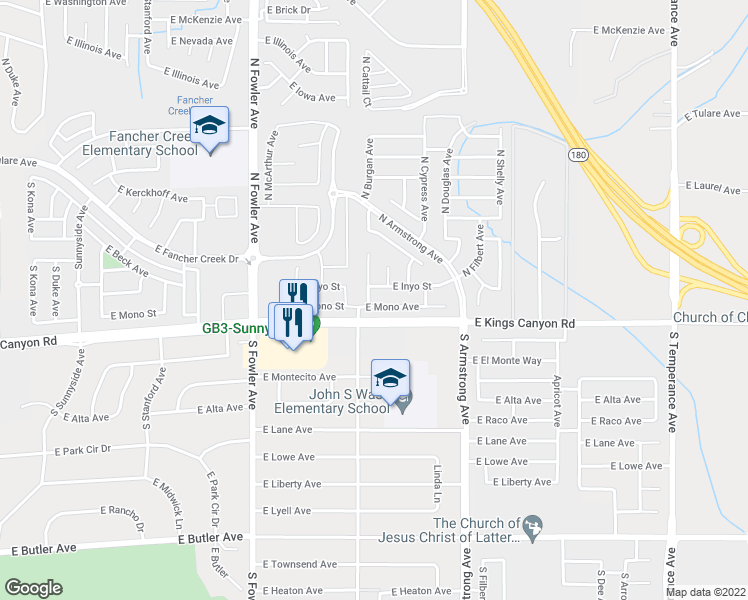 map of restaurants, bars, coffee shops, grocery stores, and more near 6286 East Mono Avenue in Fresno