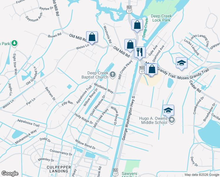map of restaurants, bars, coffee shops, grocery stores, and more near 3204 Mistletoe Way in Chesapeake